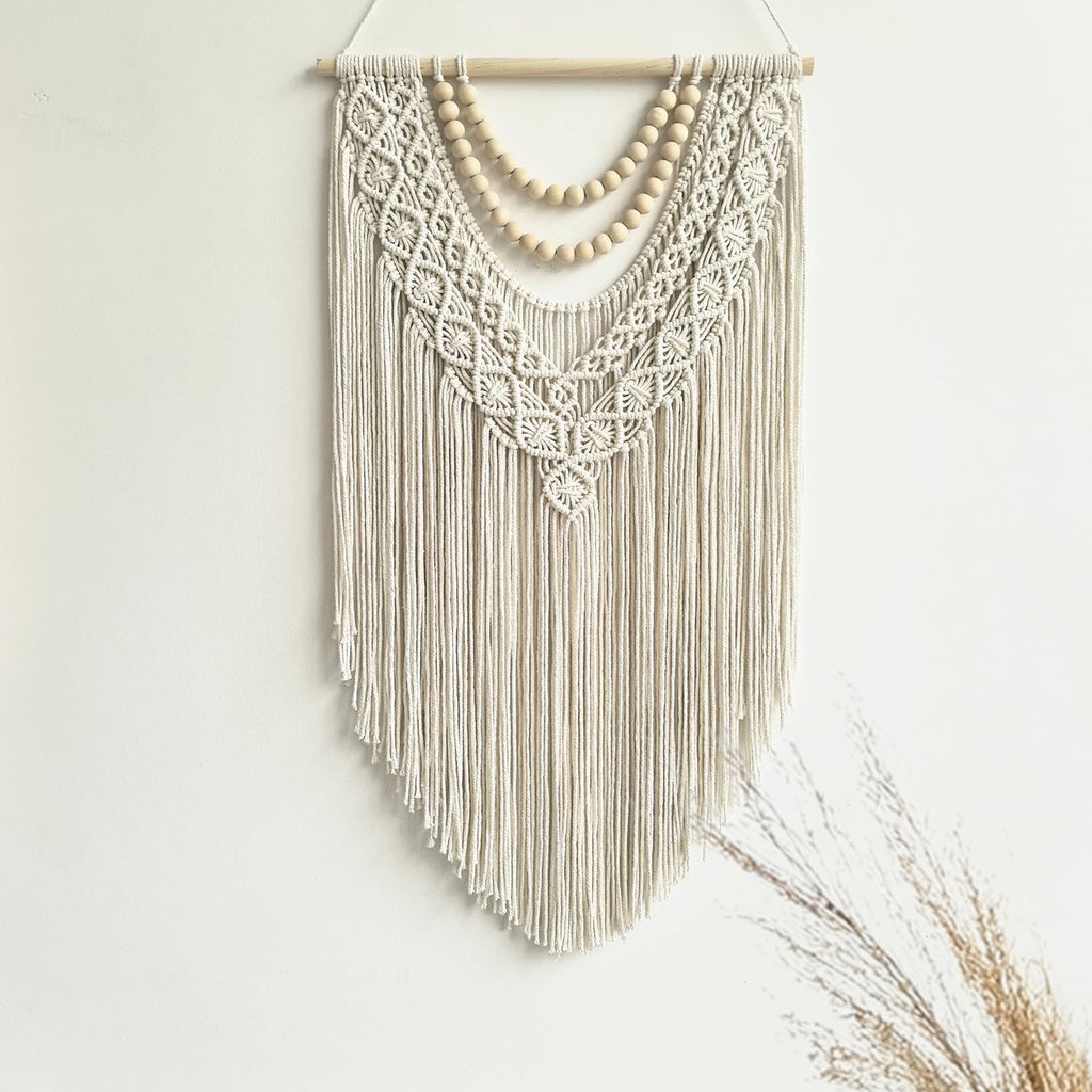Boho Macrame Wall Hanging with Wood Beads