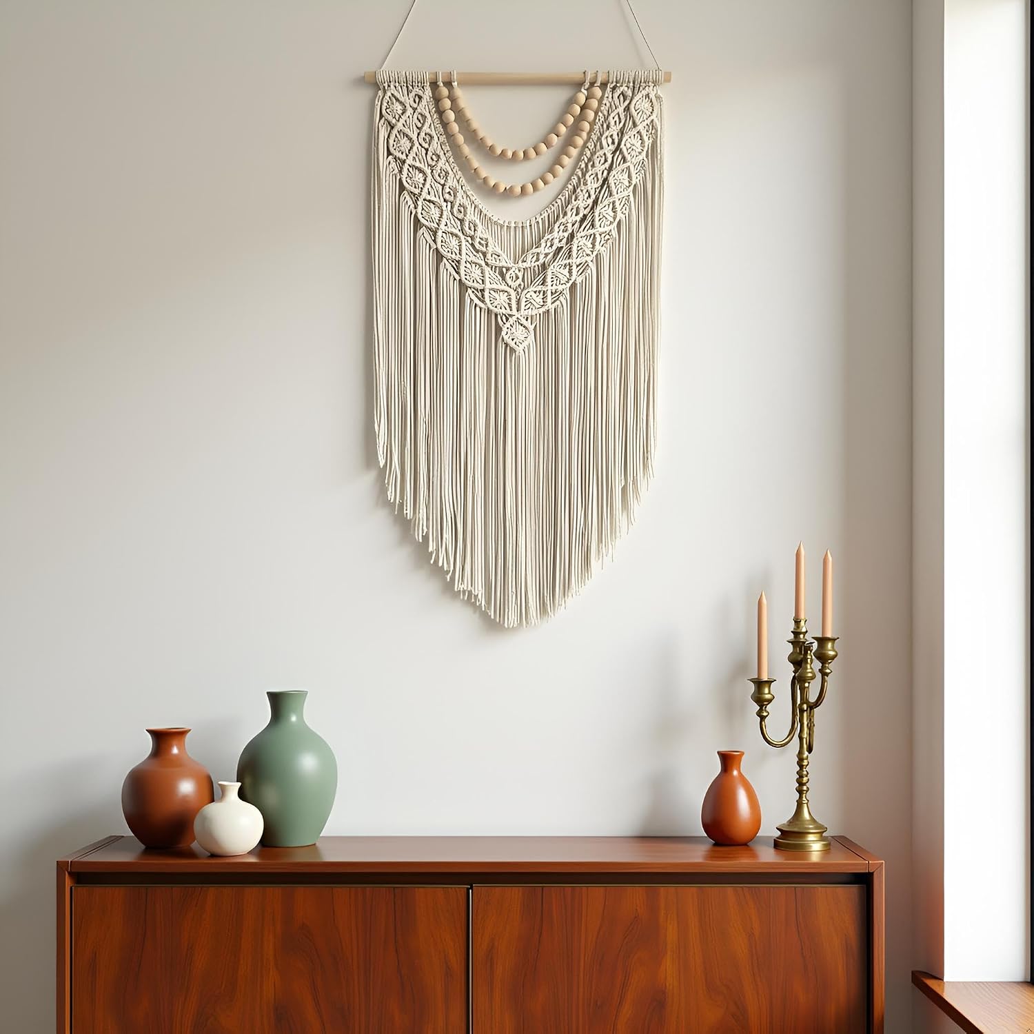 Boho Macrame Wall Hanging with Wood Beads