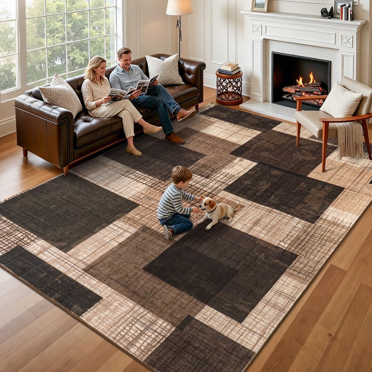 Brown Geometric Patchwork Washable 8x10 Rug