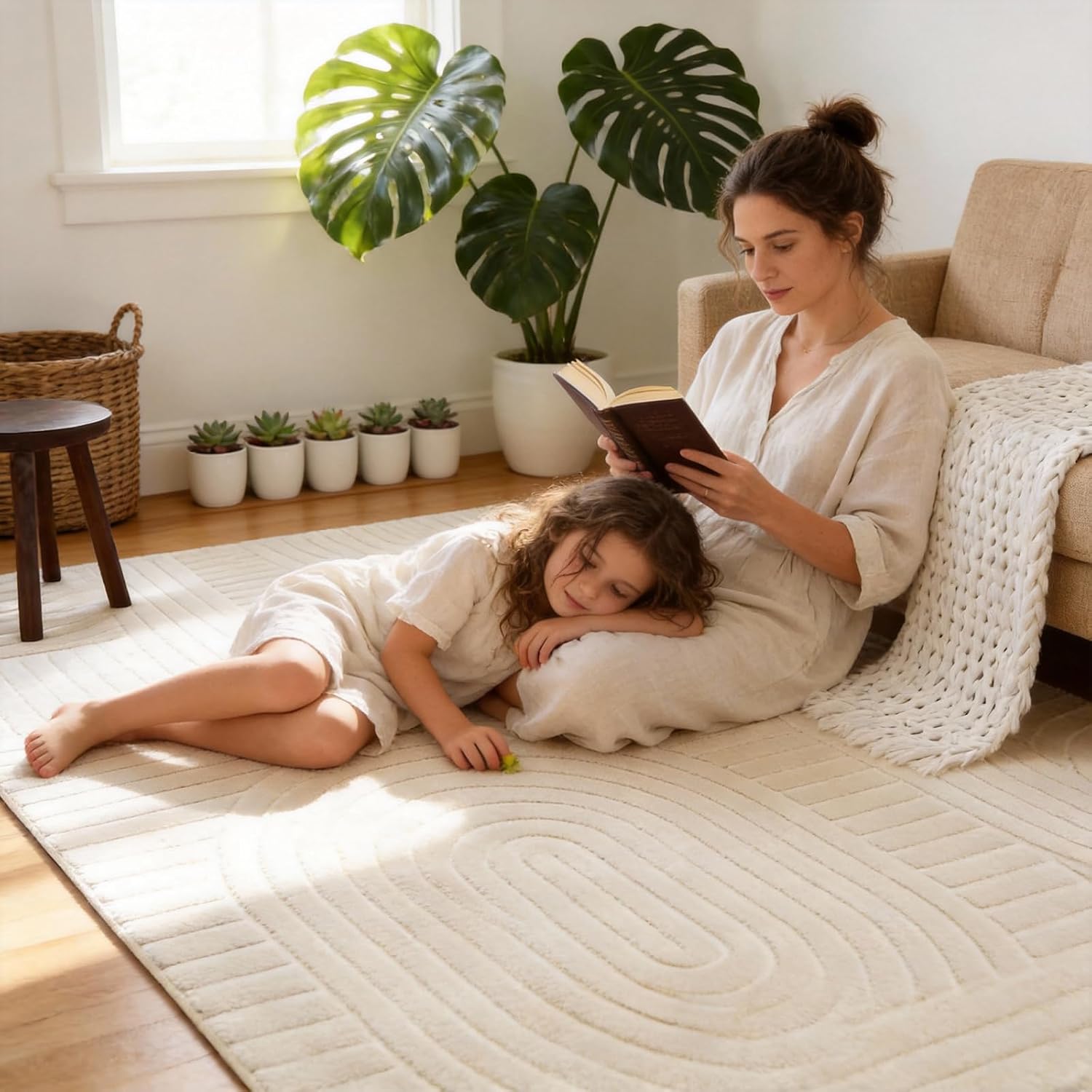 Beige Geometric Washable 5x7 Area Rug