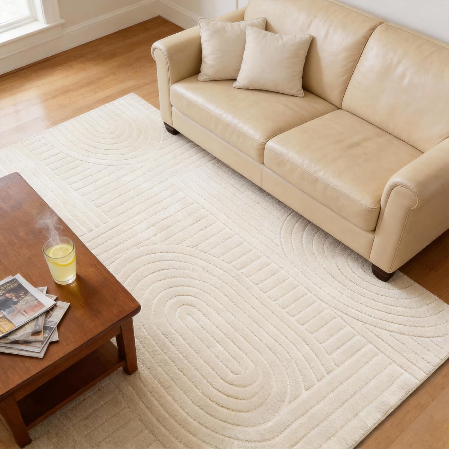 Beige Geometric Washable 5x7 Area Rug