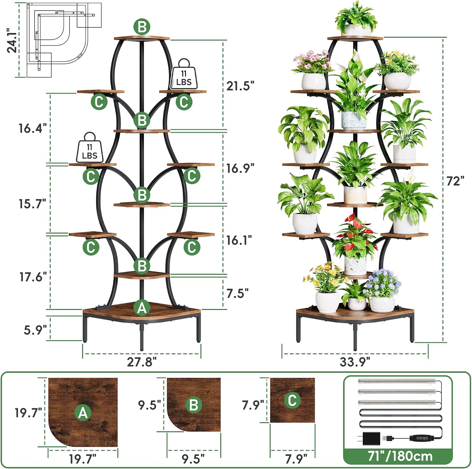11-Tier Curved Corner Plant Stand with Grow Light