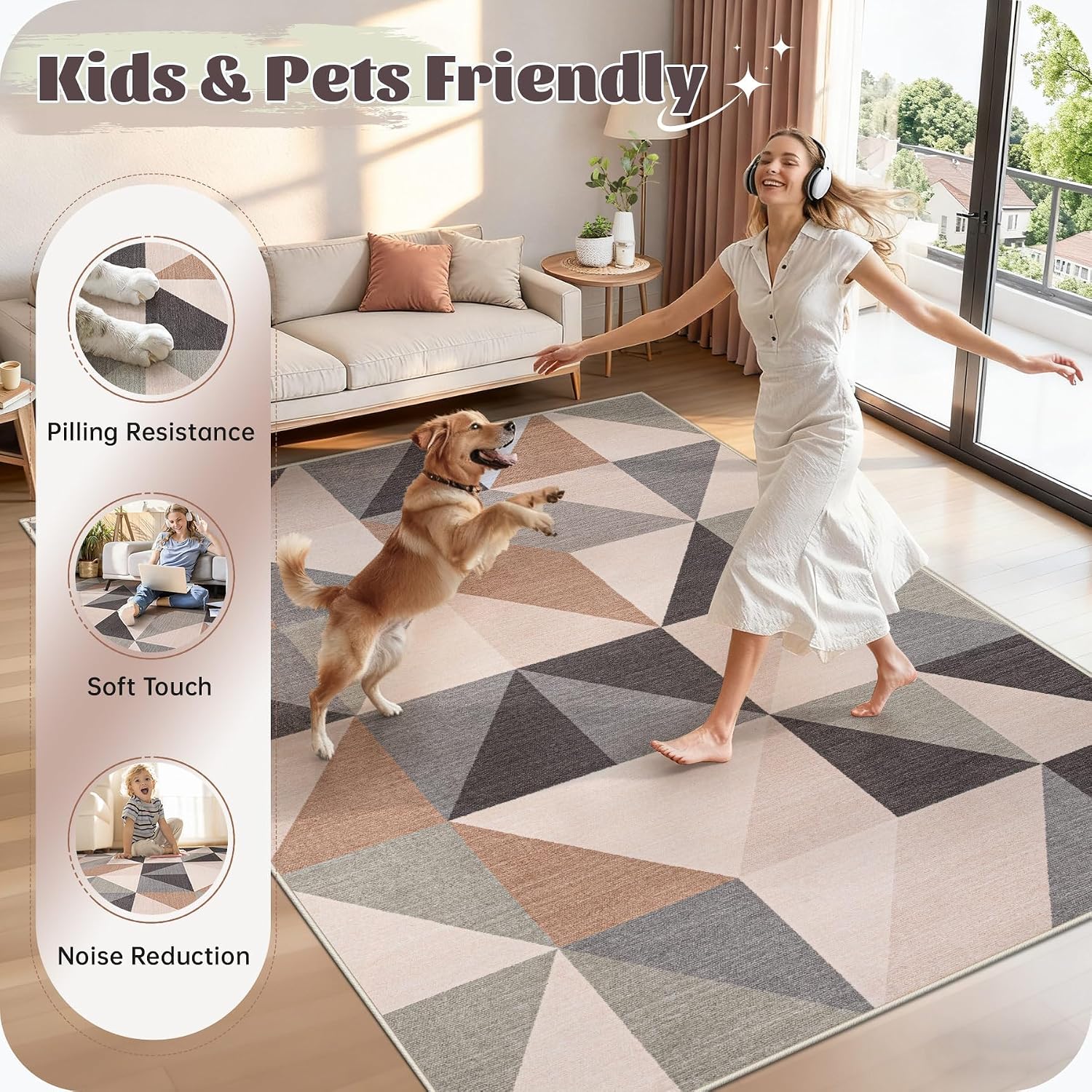 Beige Brown Geometric Washable 8x10 Area Rug