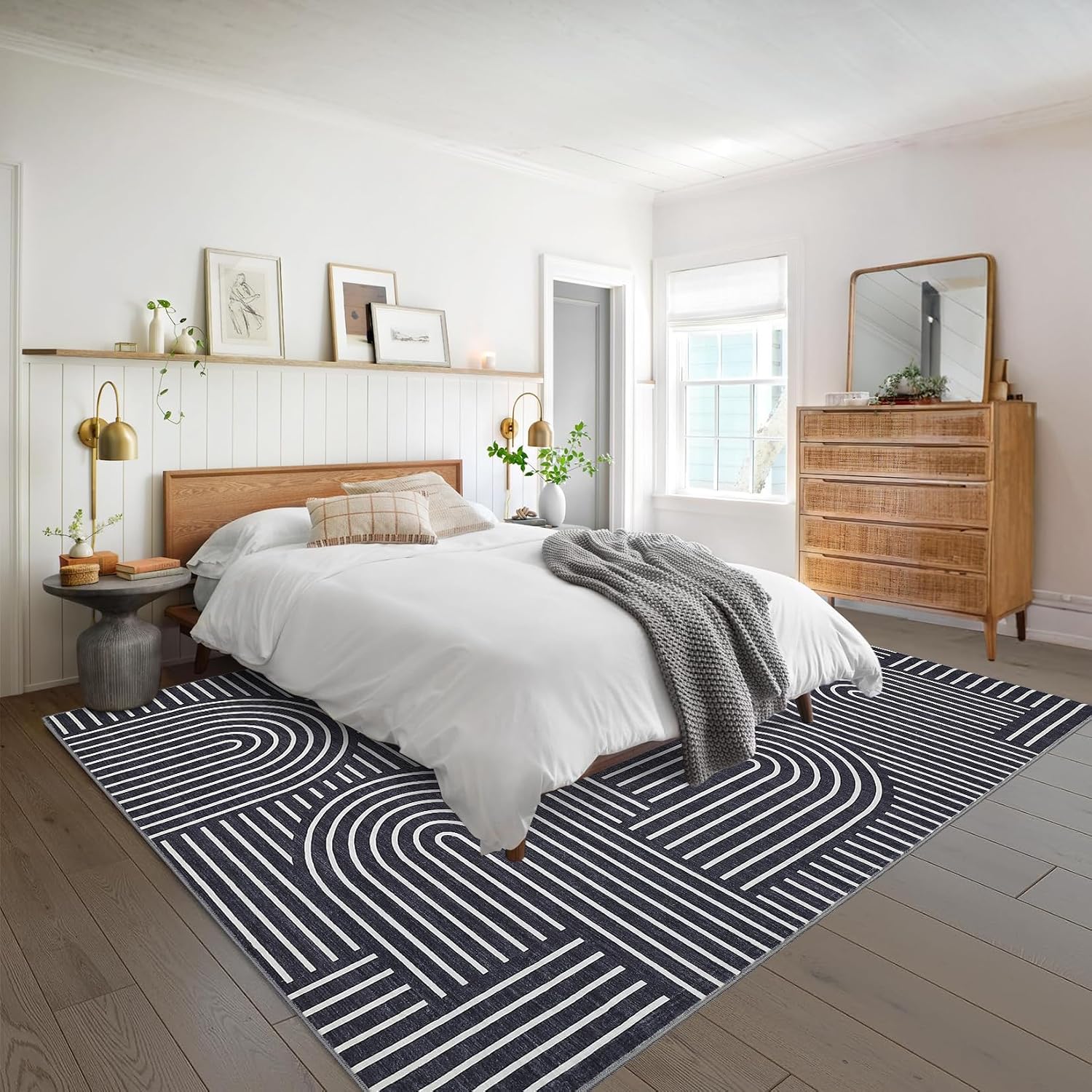 Black Boho Geometric Washable 8x10 Area Rug