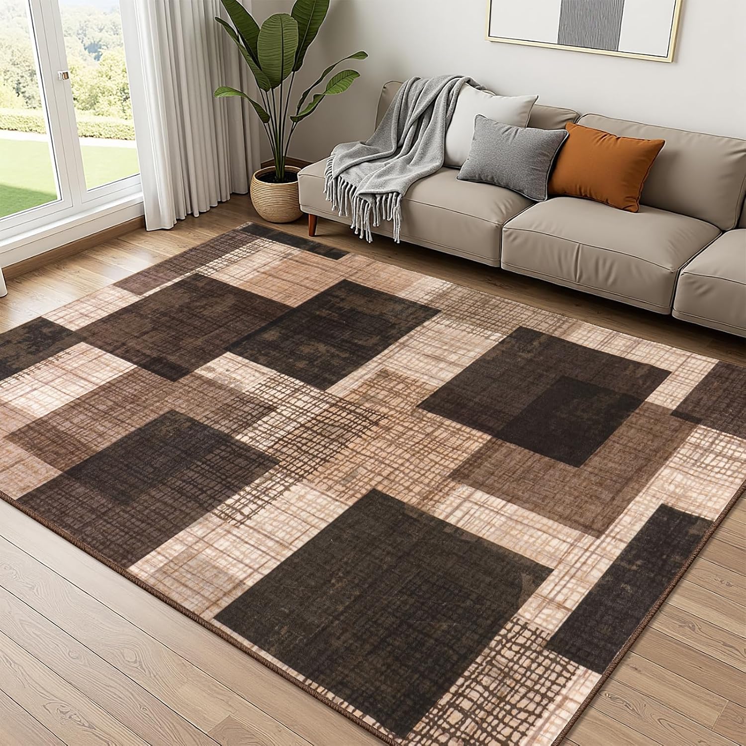 Brown Geometric Patchwork Washable 8x10 Rug