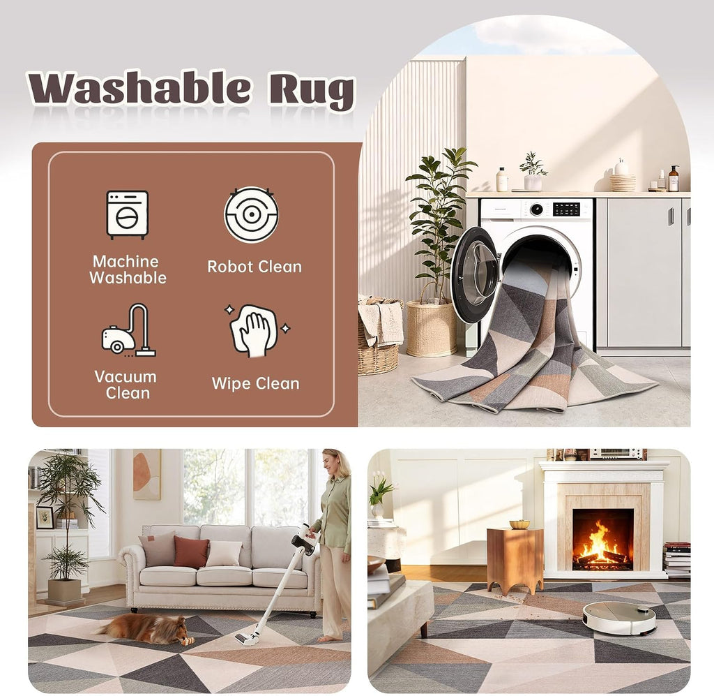 Beige Brown Geometric Washable 8x10 Area Rug