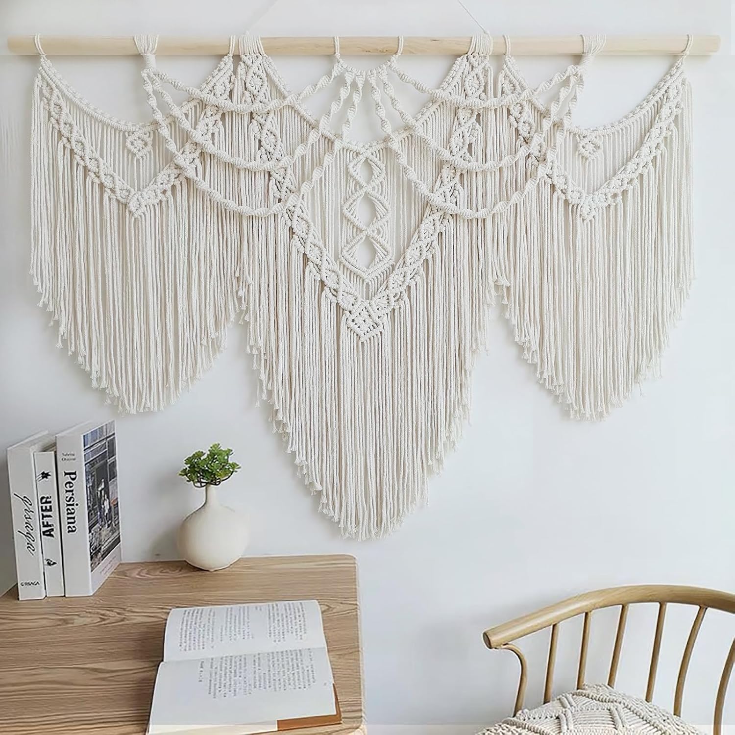 Large Beige Fringe Boho Macrame Wall Hanging