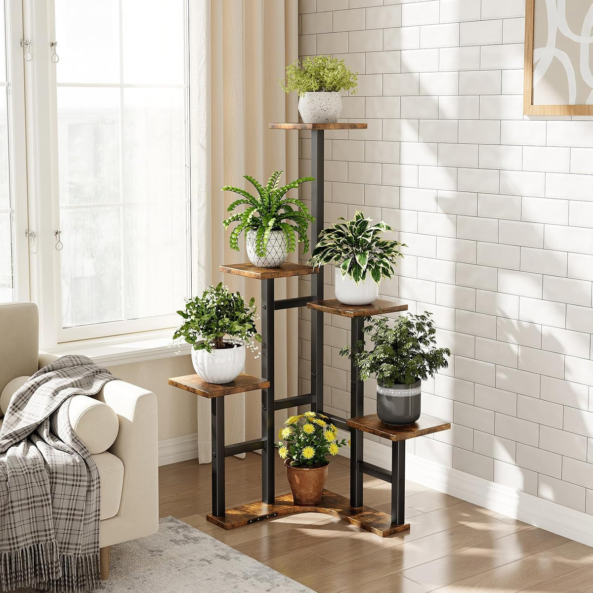 6-Tier Square Rustic Brown Corner Plant Stand