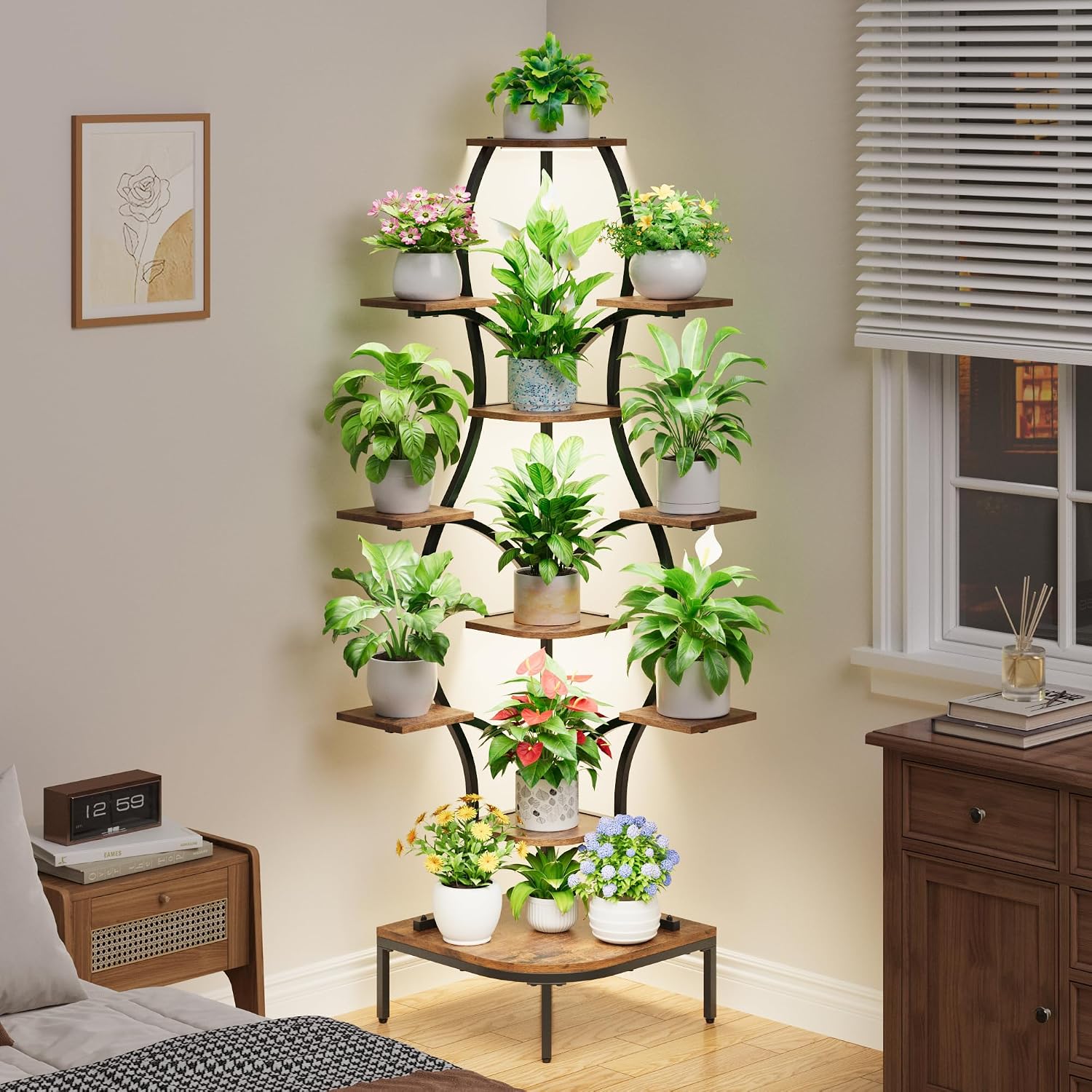 11-Tier Curved Corner Plant Stand with Grow Light