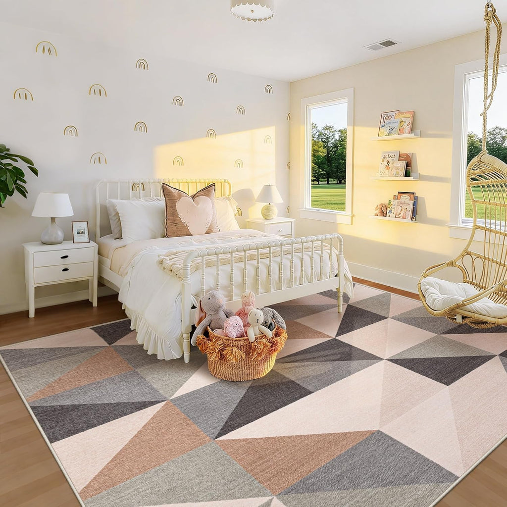 Beige Brown Geometric Washable 8x10 Area Rug