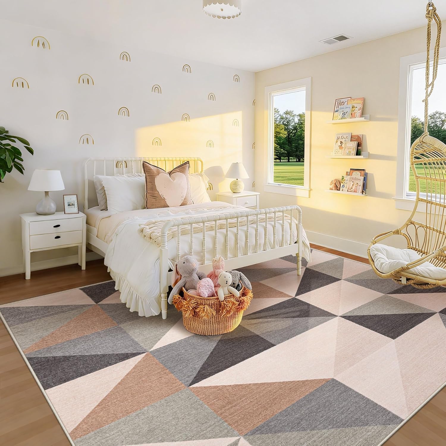 Beige Brown Geometric Washable 8x10 Area Rug