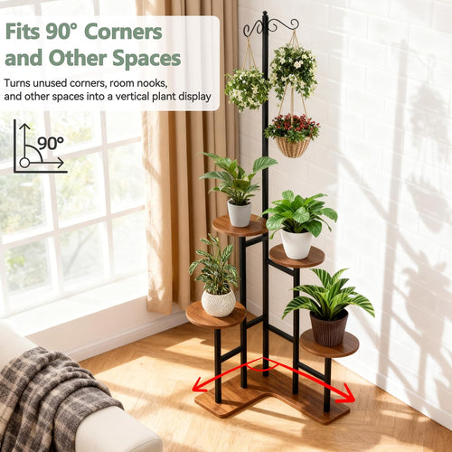 5-Tier L-Shaped Corner Plant Stand with Hooks