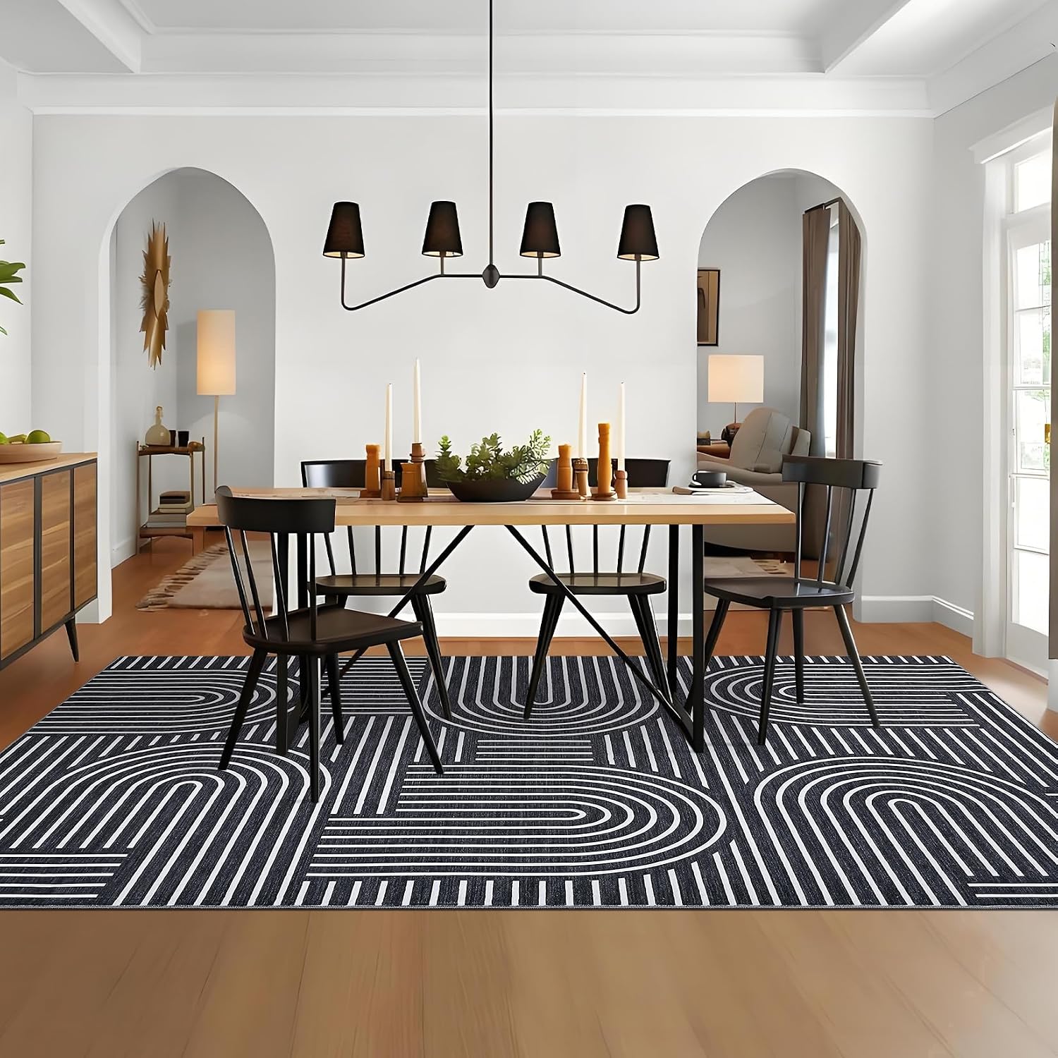 Black Boho Geometric Washable 8x10 Area Rug