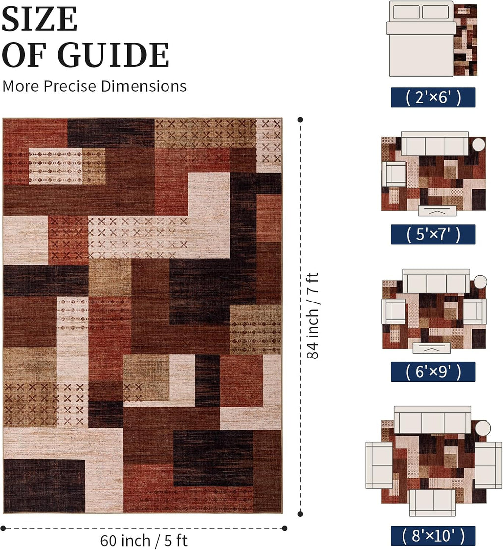 Brown Geometric Patchwork Washable 5x7 Area Rug
