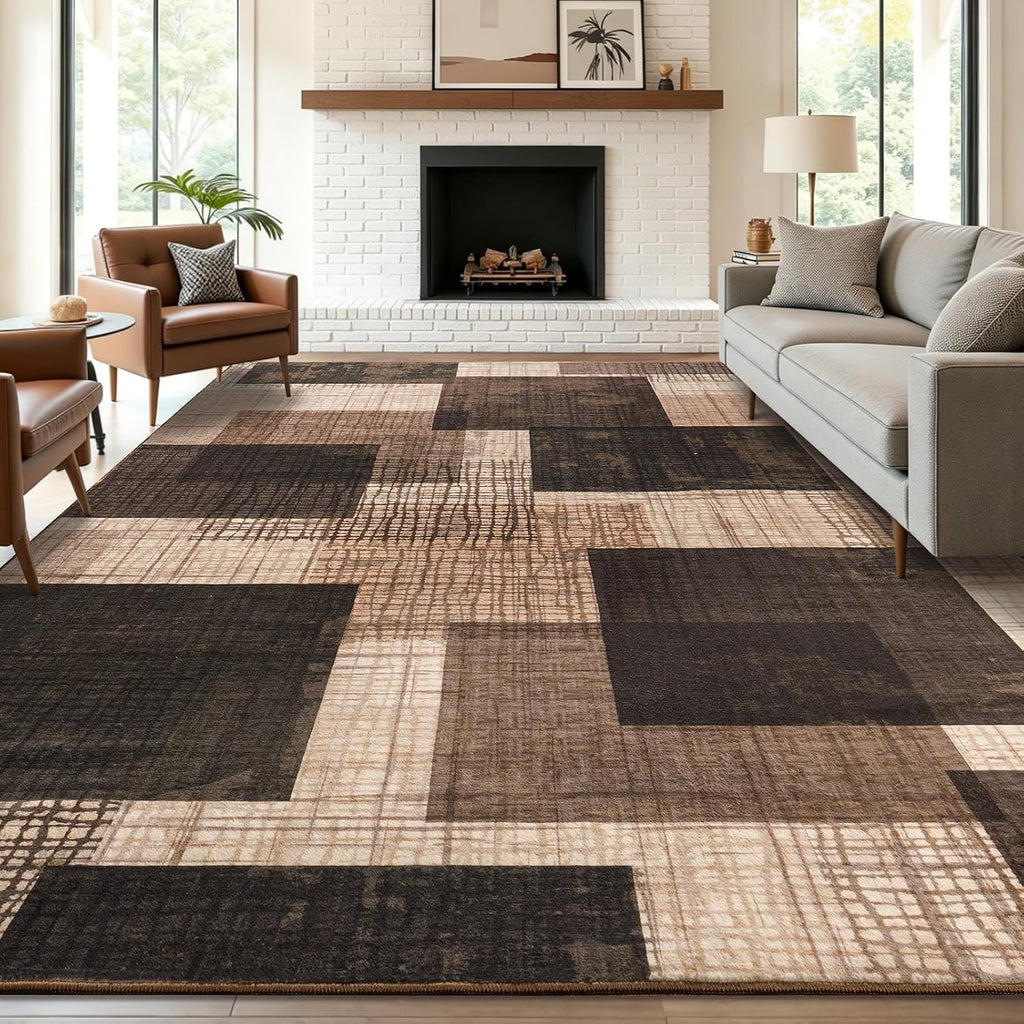 Brown Geometric Patchwork Washable 8x10 Rug