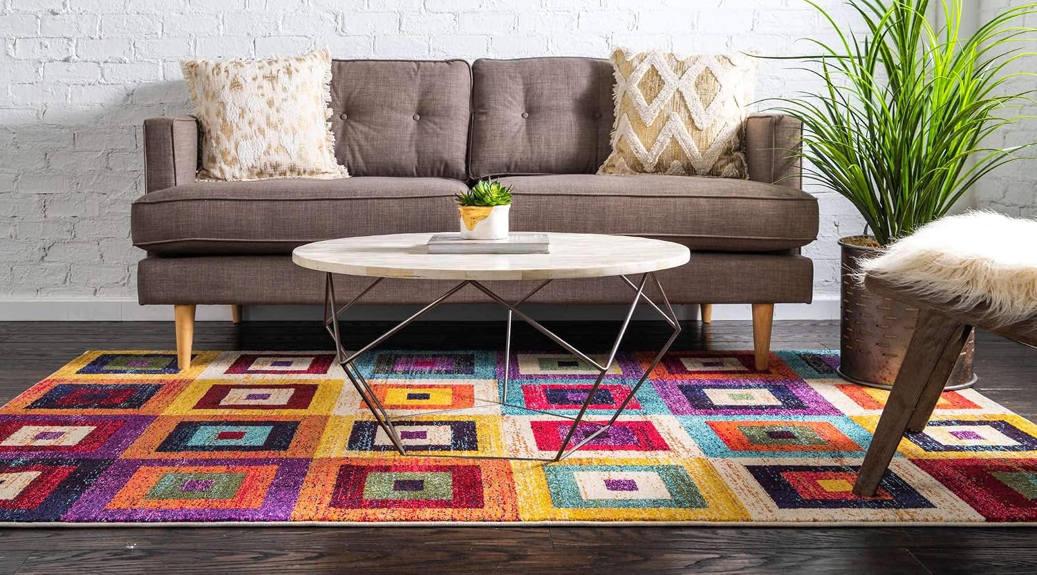 Colorful Geometric Beige Square Area Rug