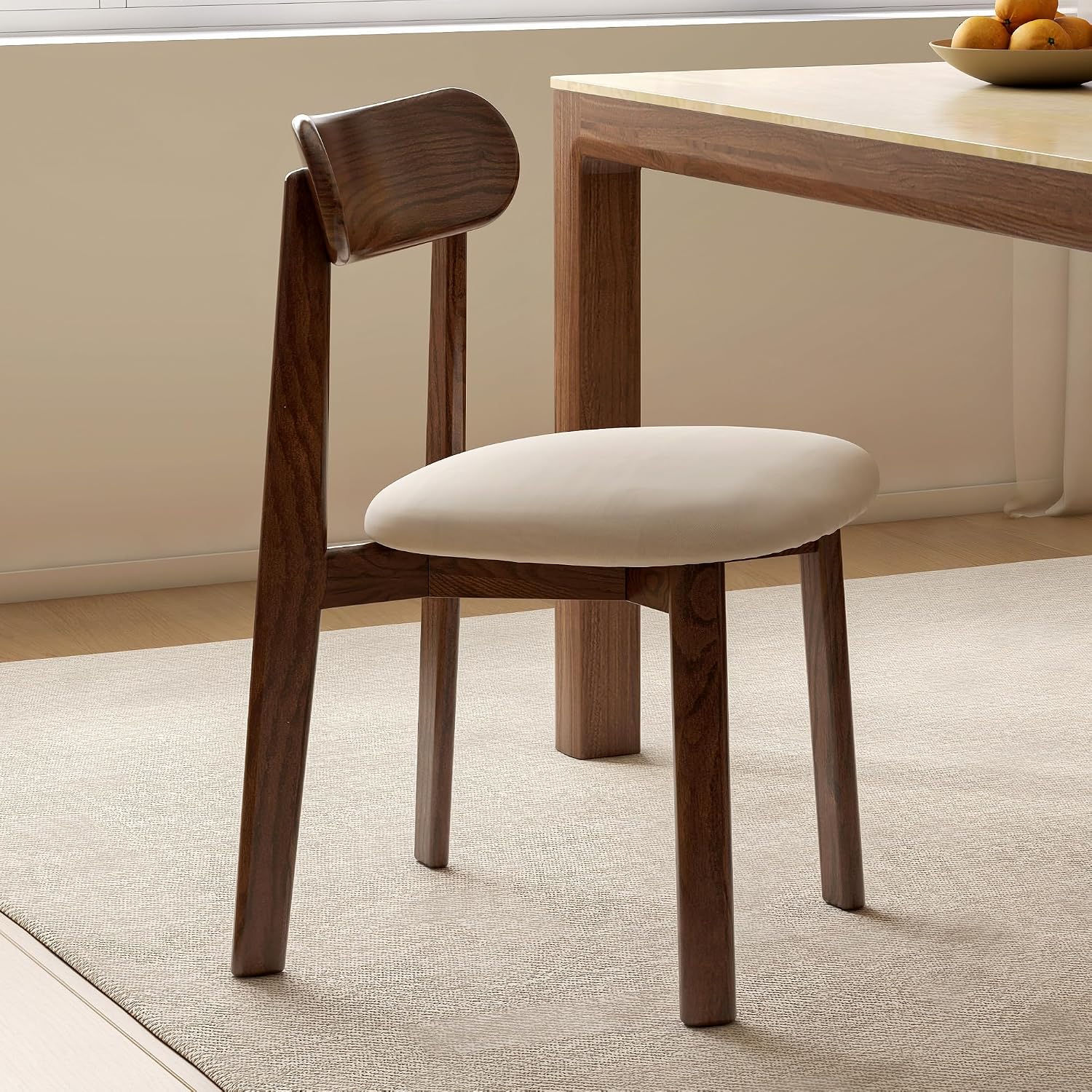 Mid-Century Oak Beige Upholstered Dining Chair