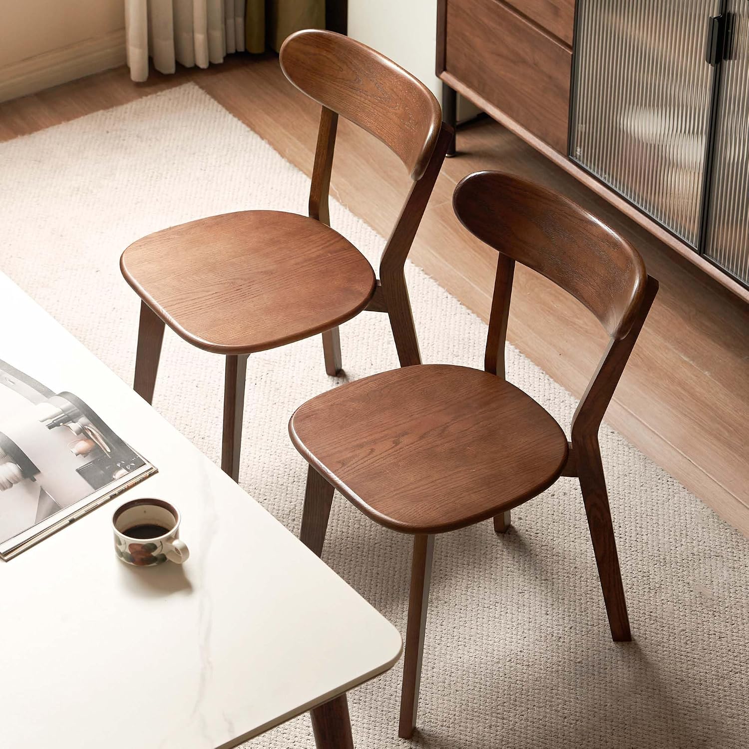 Set of 2 Walnut Solid Oak Curved Back Dining Chairs