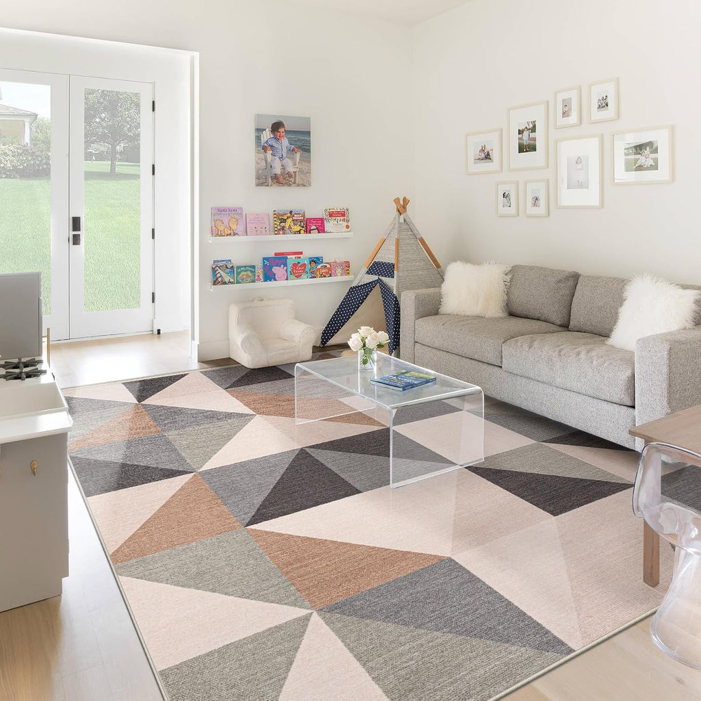 Beige Brown Geometric Washable 8x10 Area Rug