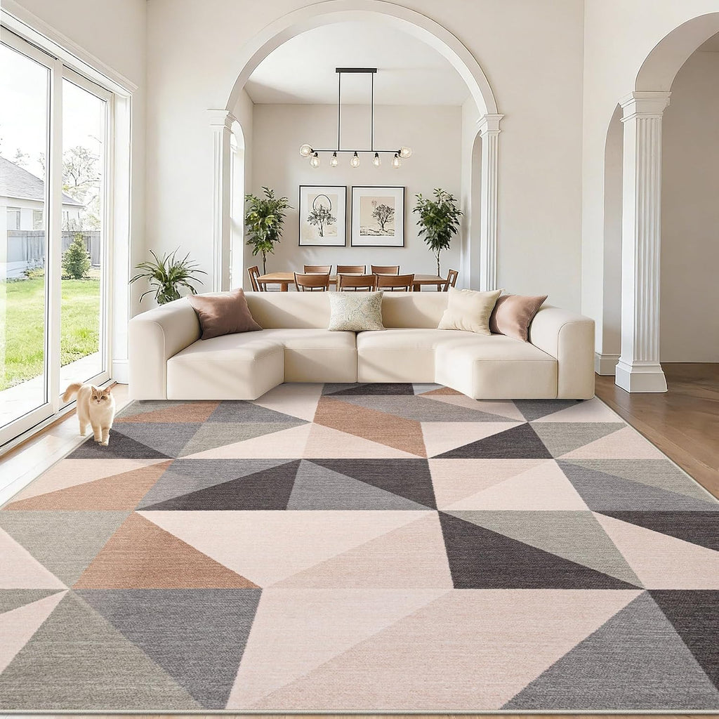 Beige Brown Geometric Washable 8x10 Area Rug