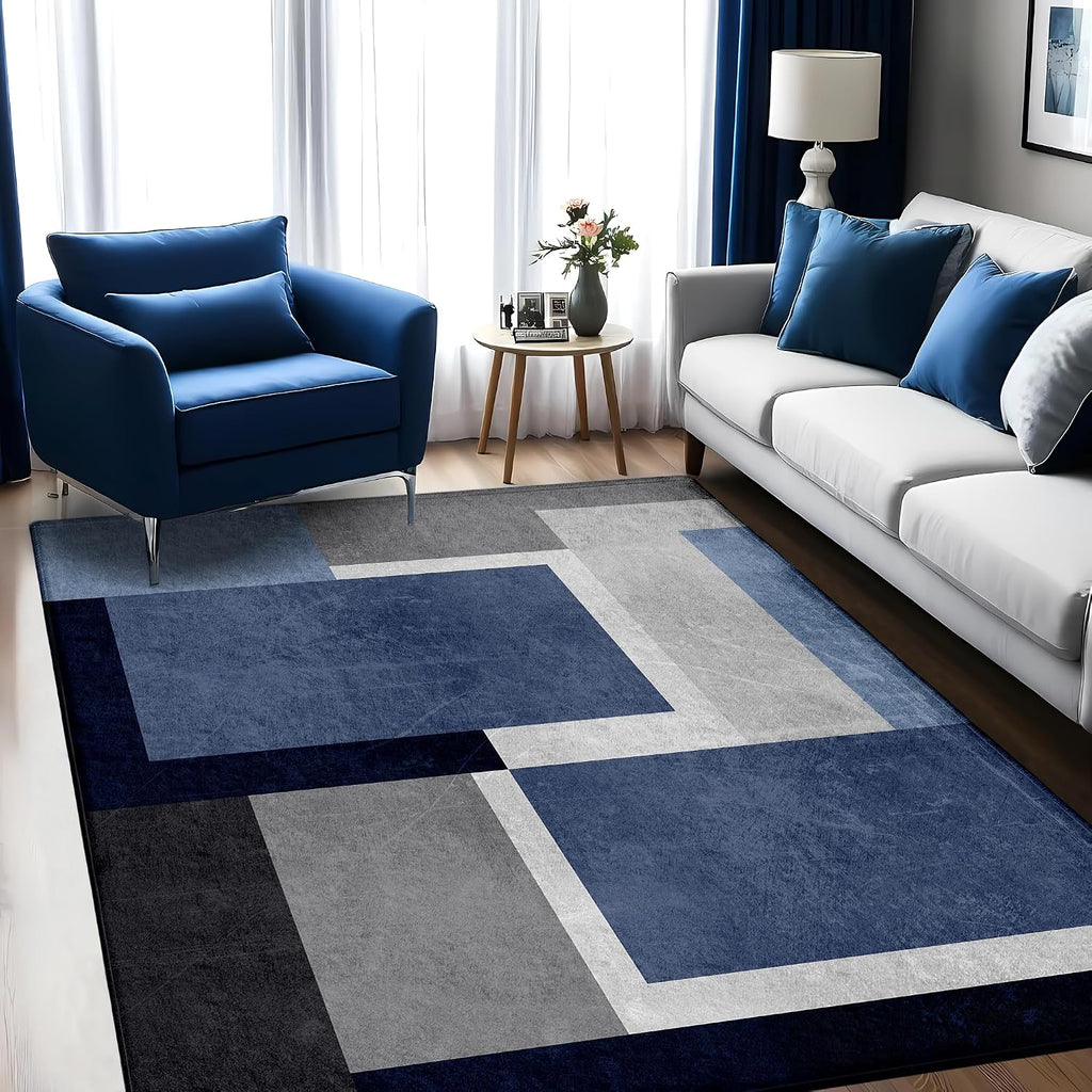 Blue Grey Geometric Washable 5x7 Area Rug