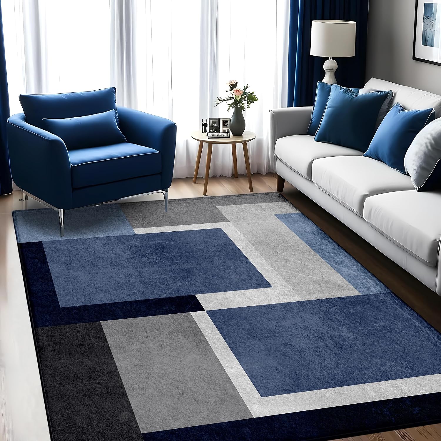 Blue Grey Geometric Washable 5x7 Area Rug