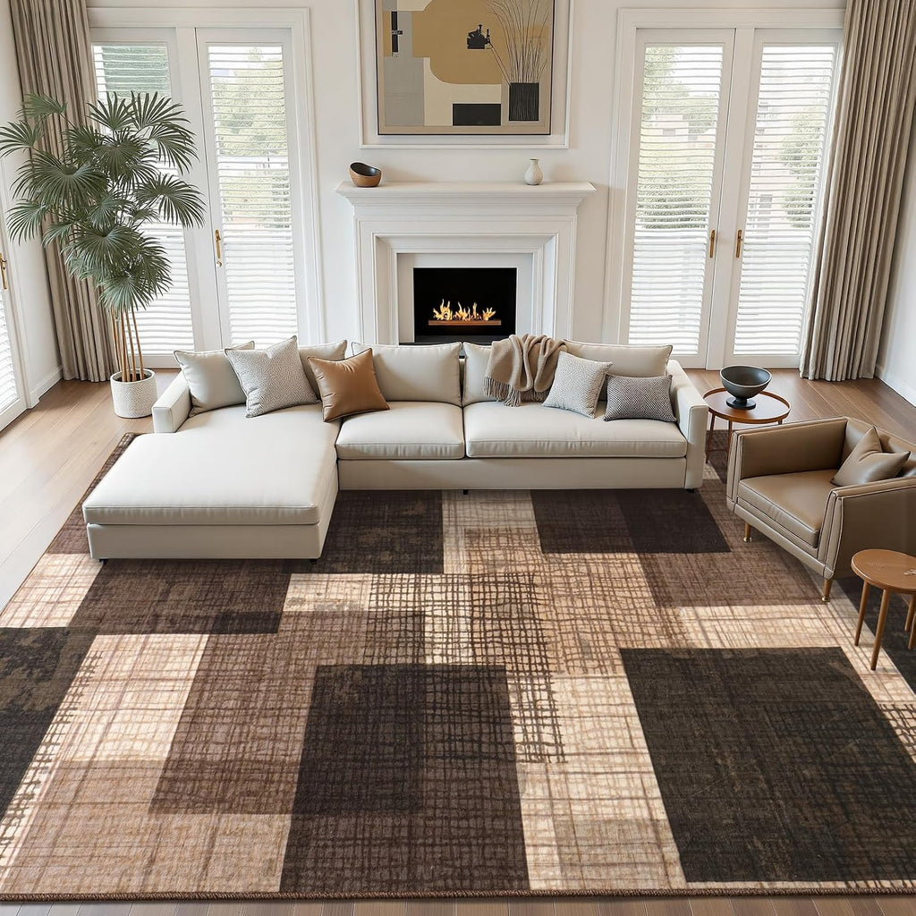 Brown Geometric Patchwork Washable 8x10 Rug
