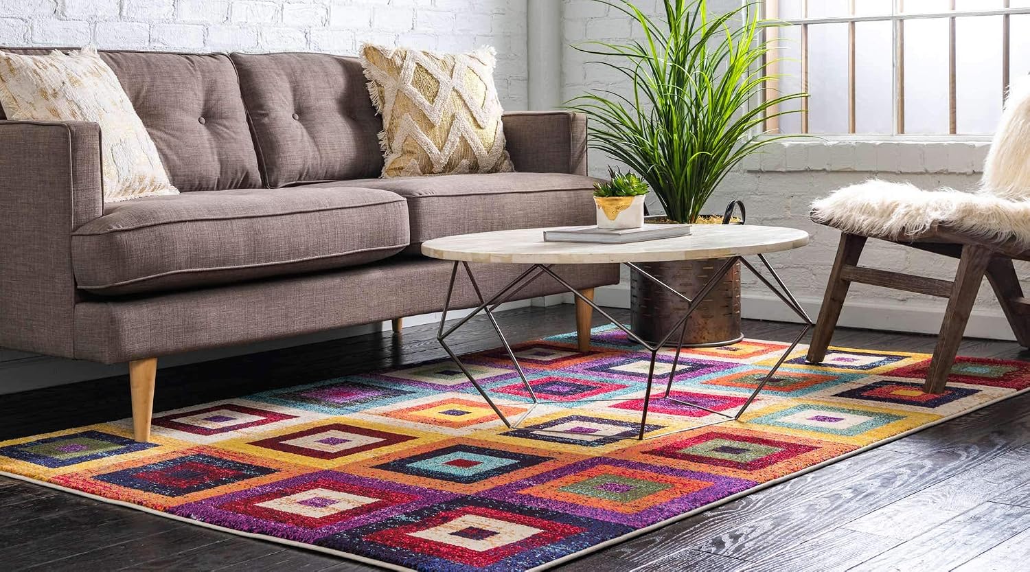 Colorful Geometric Beige Square Area Rug