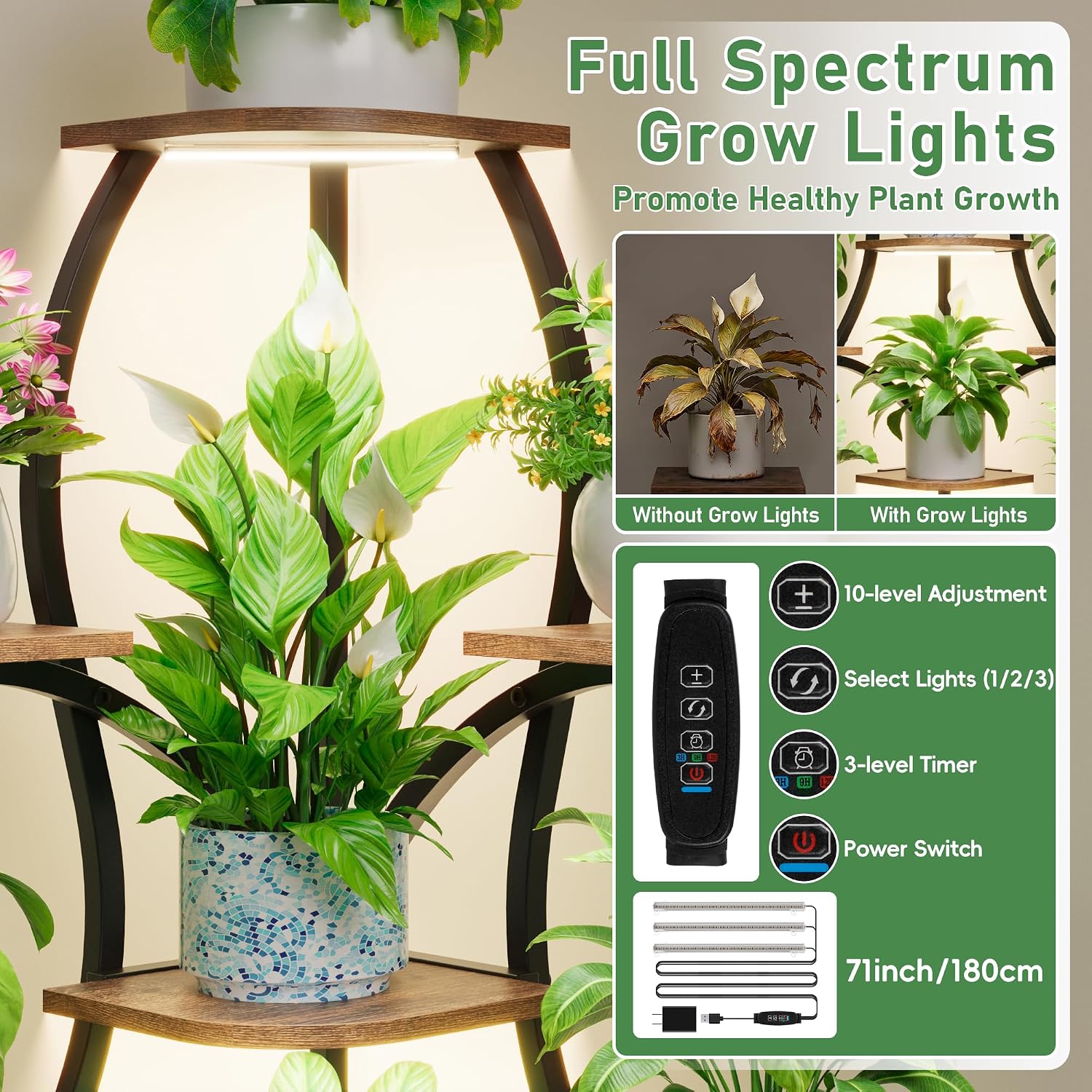 11-Tier Curved Corner Plant Stand with Grow Light