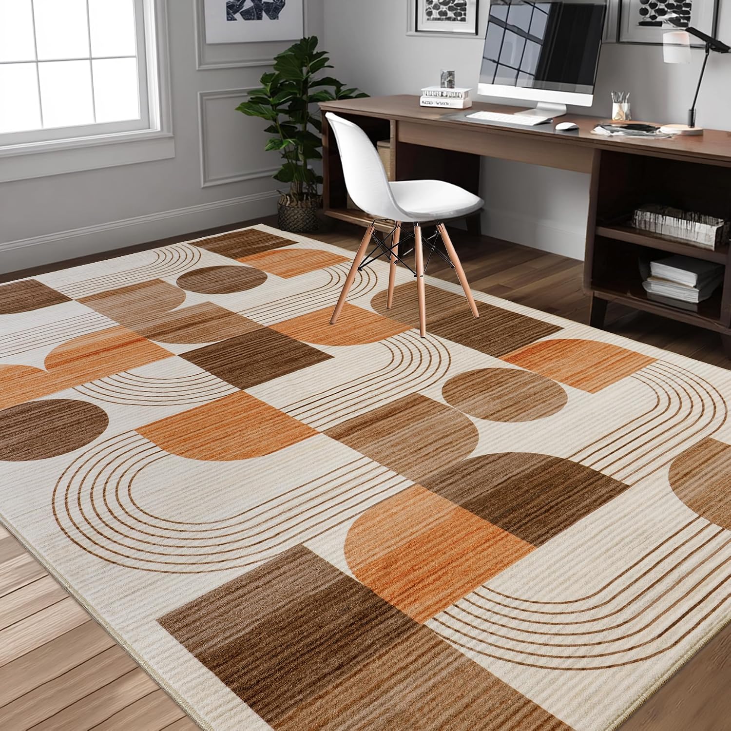 Orange Geometric Washable 5x7 Area Rug