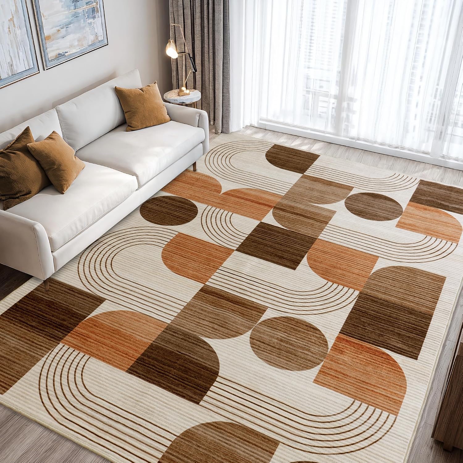 Orange Geometric Washable 5x7 Area Rug