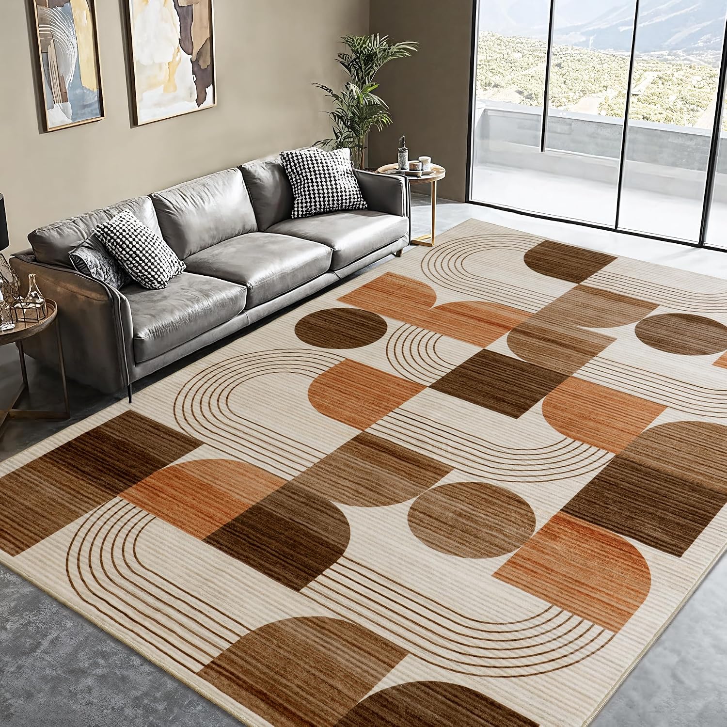Orange Geometric Washable 5x7 Area Rug
