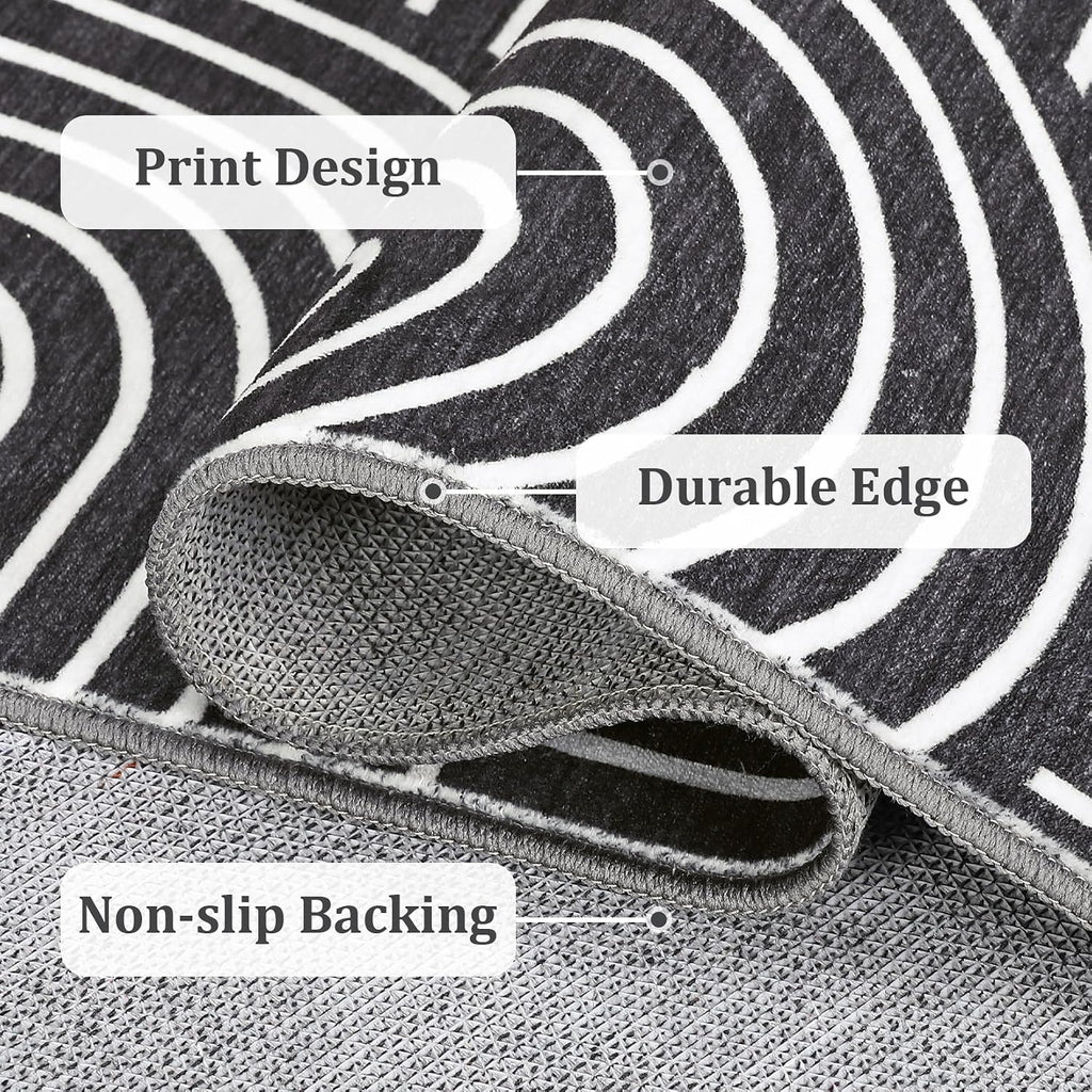 Black Boho Geometric Washable 8x10 Area Rug