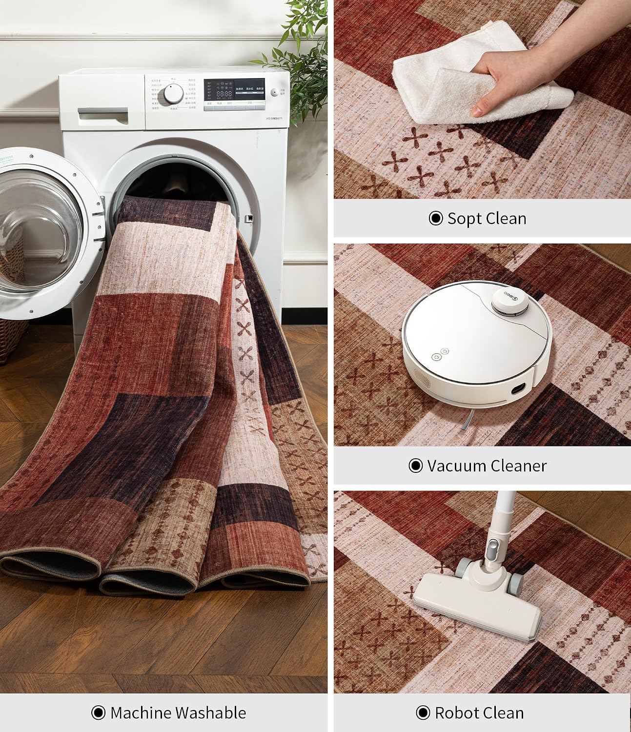 Brown Geometric Patchwork Washable 5x7 Area Rug