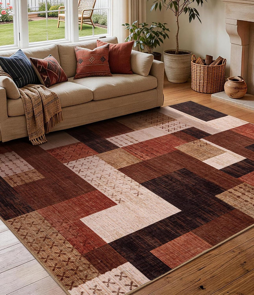 Brown Geometric Patchwork Washable 5x7 Area Rug