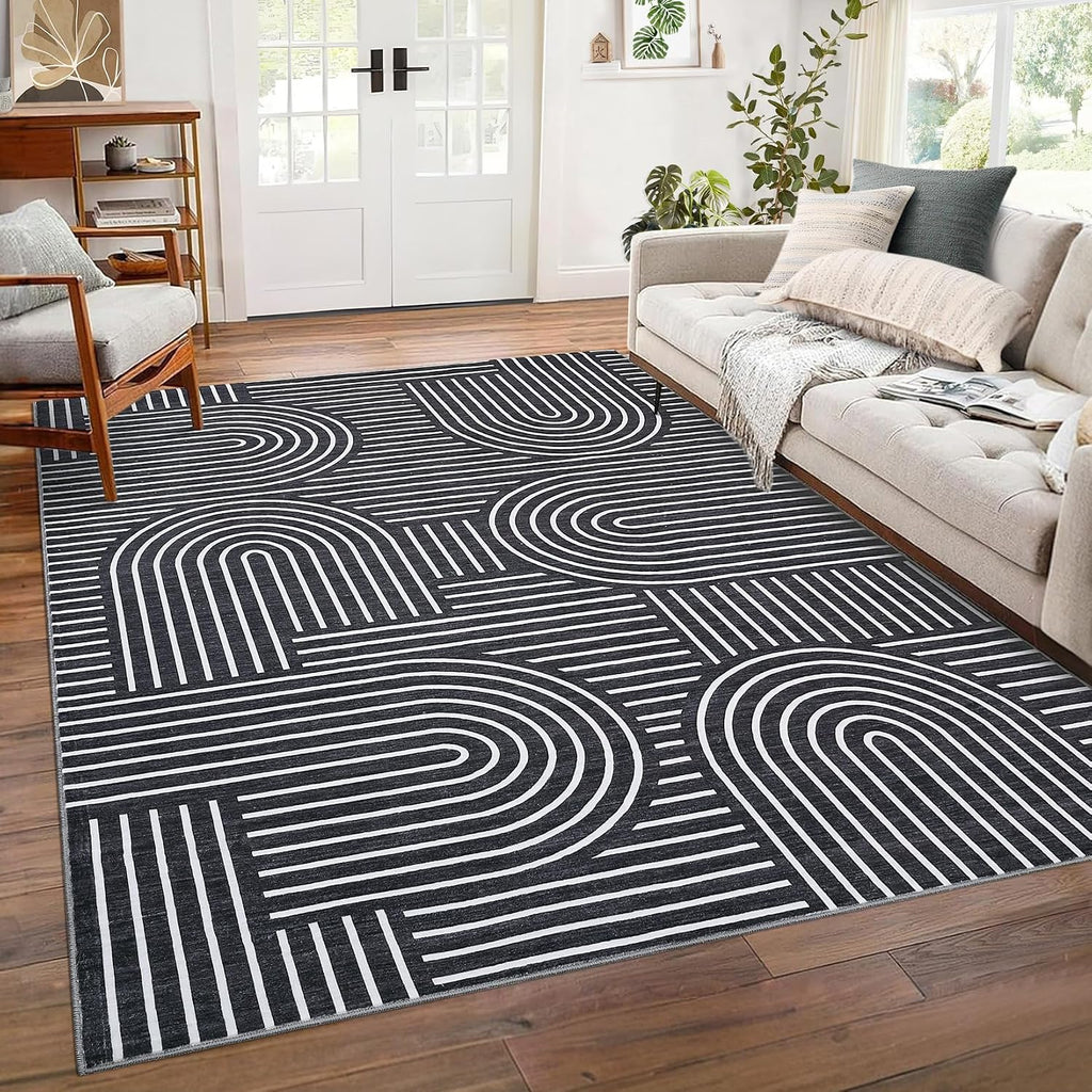 Black Boho Geometric Washable 8x10 Area Rug