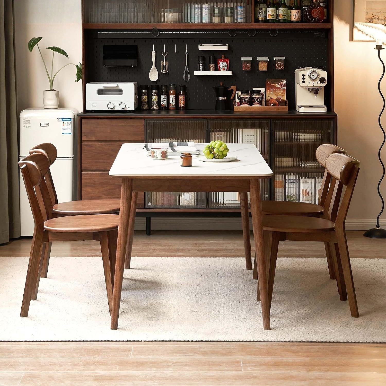 Set of 4 Walnut Solid Oak Curved Back Dining Chairs